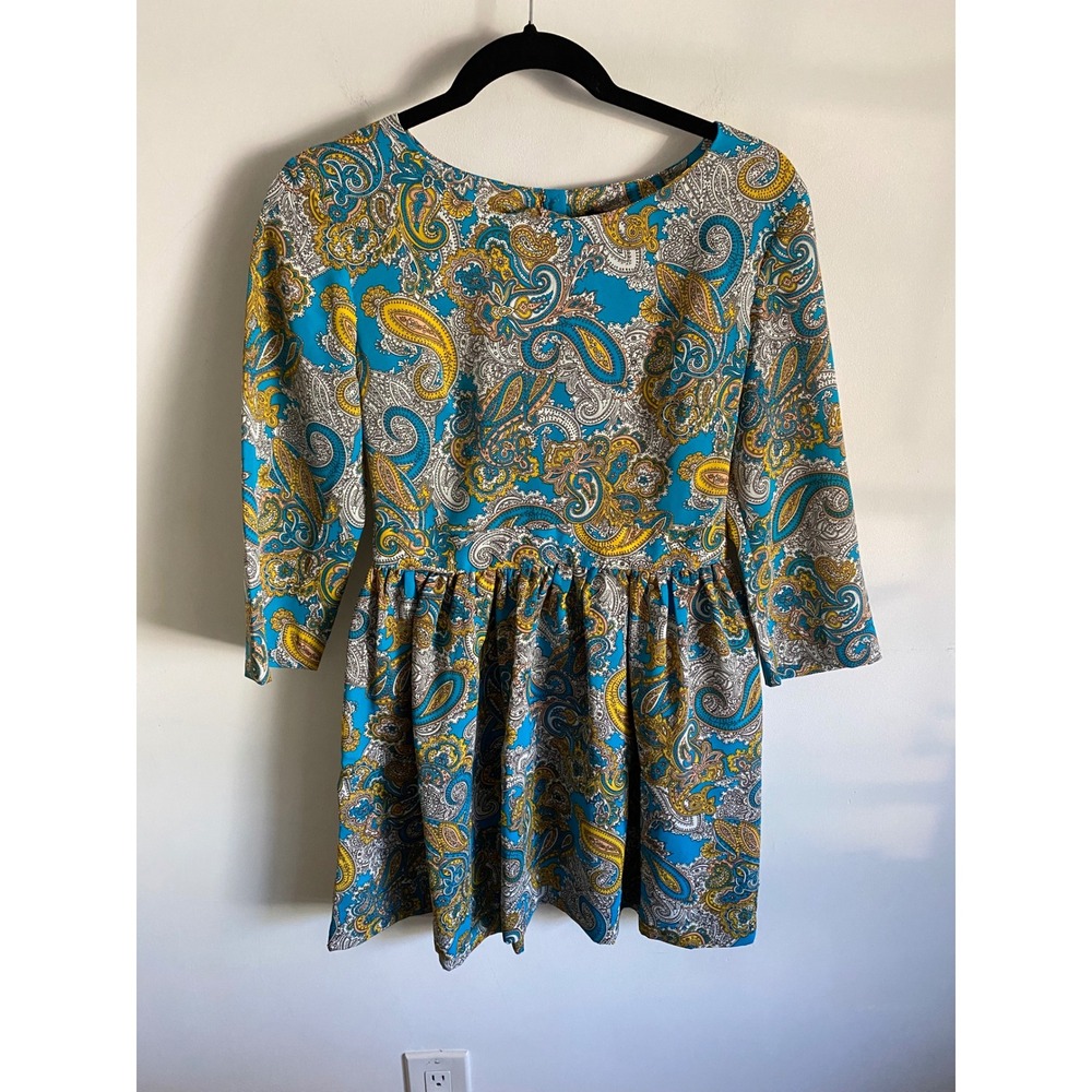 Turquoise Yellow Paisley Print Babydoll Dress‎ Women's Size 8